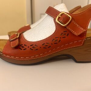 Source Unknown Brown Leather Clog Mules with Gold Buckles